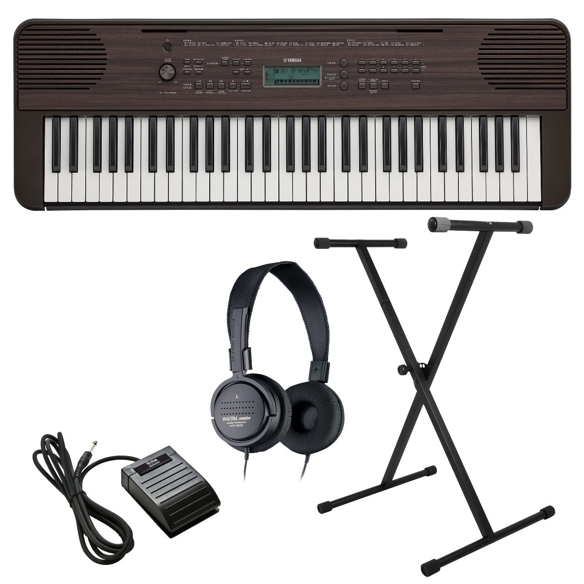 Yamaha PSR-E360 Portable Keyboard - Dark Walnut KEY ESSENTIALS BUNDLE