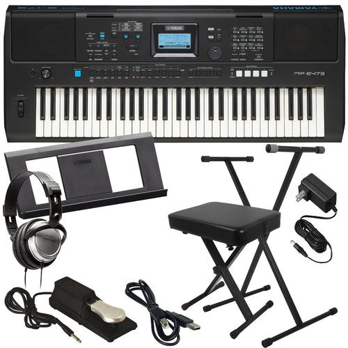 Collage of the Yamaha PSR-E473 61-Note Portable Keyboard KEY ESSENTIALS BUNDLE showing included components