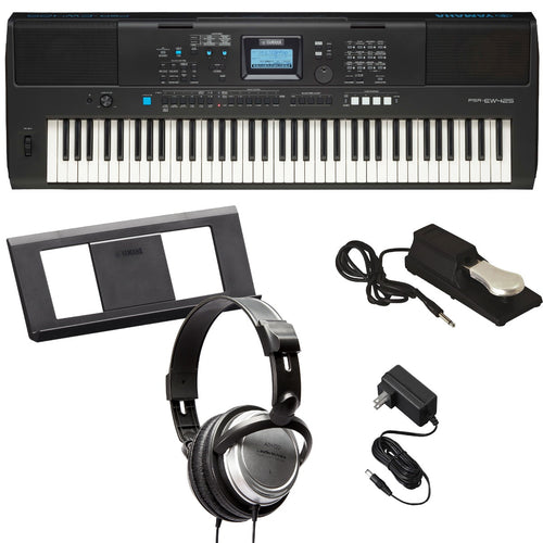 Collage of the Yamaha PSR-EW425 76-Note Portable Keyboard BONUS PAK showing the included components