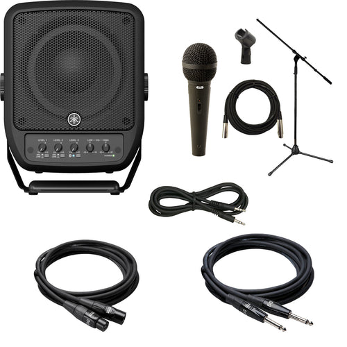 Collage image of the Yamaha STAGEPAS100 6.5" Powered PA with 3 Channel Mixer PERFORMER PAK