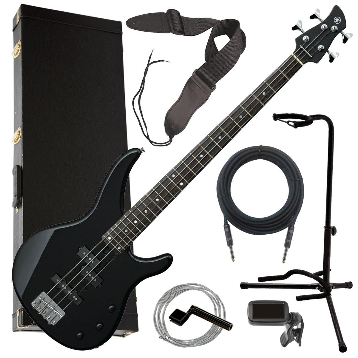 Collage image of the Yamaha TRBX174 Electric Bass Guitar - Black COMPLETE BASS BUNDLE