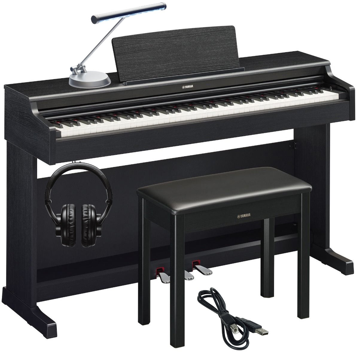 Collage of the components in the Yamaha Arius YDP-165 Digital Piano - Black Walnut COMPLETE HOME BUNDLE