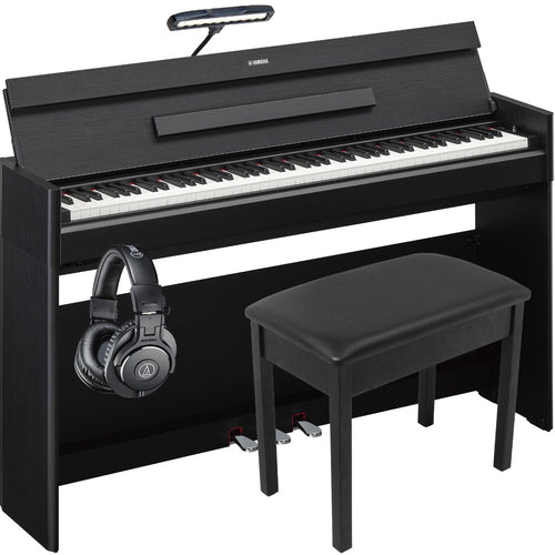 Collage of the components in the Yamaha Arius YDP-S55 Digital Piano - Black COMPLETE HOME BUNDLE