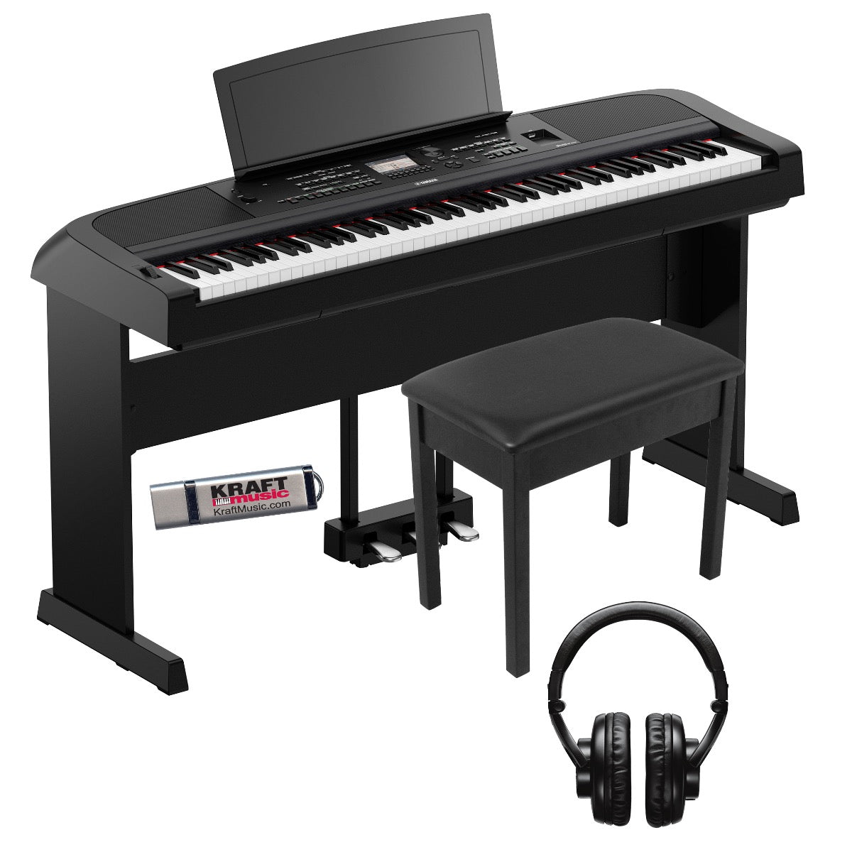 Yamaha DGX-670 in black with included bundle accessories.