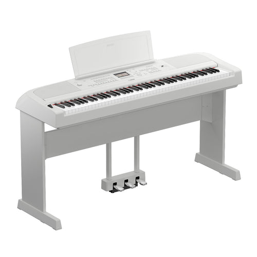 Yamaha DGX-670 in white with pedal and stand.