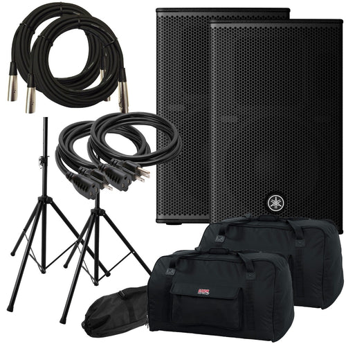 Collage image of the Yamaha DHR10 10" 2-Way Powered Loudspeaker AUDIO ESSENTIALS BUNDLE