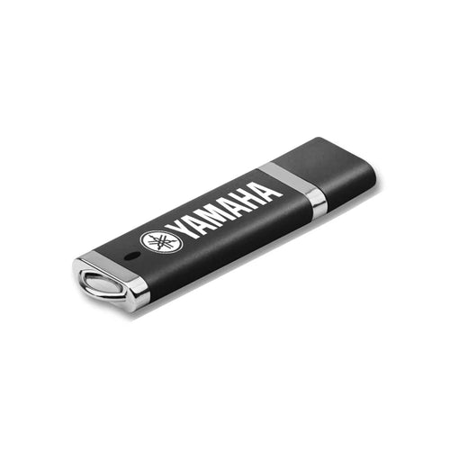 Black and silver USB flashdrive with Yamaha logo on a white background