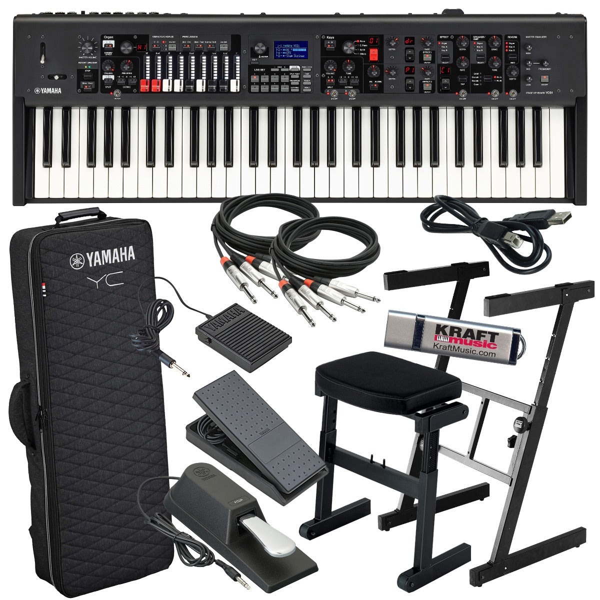 Bundle collage image of Yamaha YC61 Stage Keyboard and Organ STAGE RIG bundle
