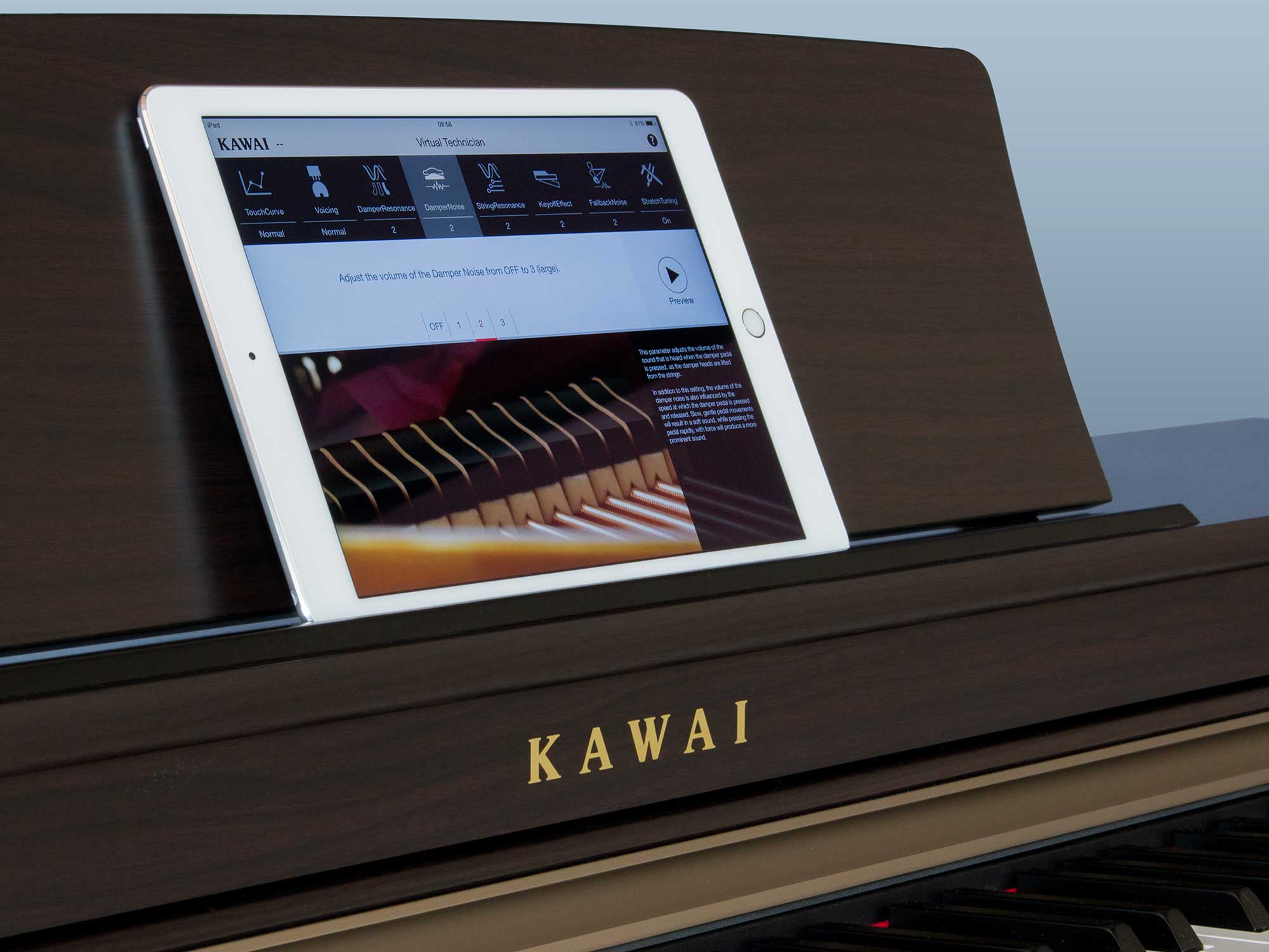 Virtual Technician app running on an iPad sitting on the music rest of a Kawai piano