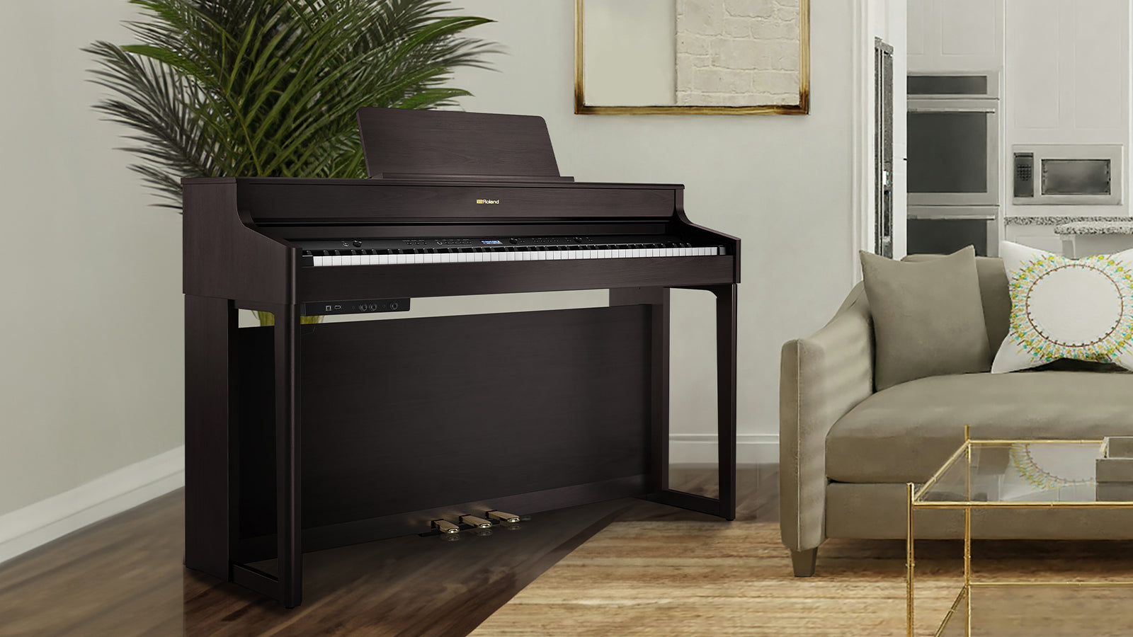A Roland digital piano in a modern stylish lobby