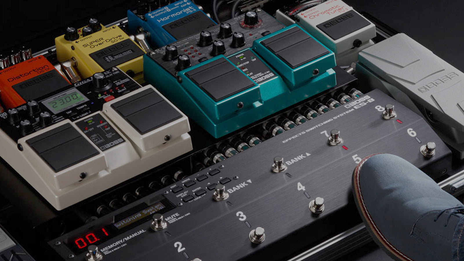 A Boss pedalboard with a foot pressing a pedal