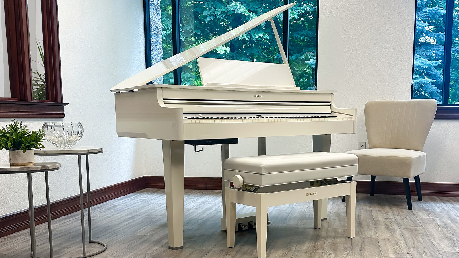 A Roland GP-6 digital grand piano in a stylish music room