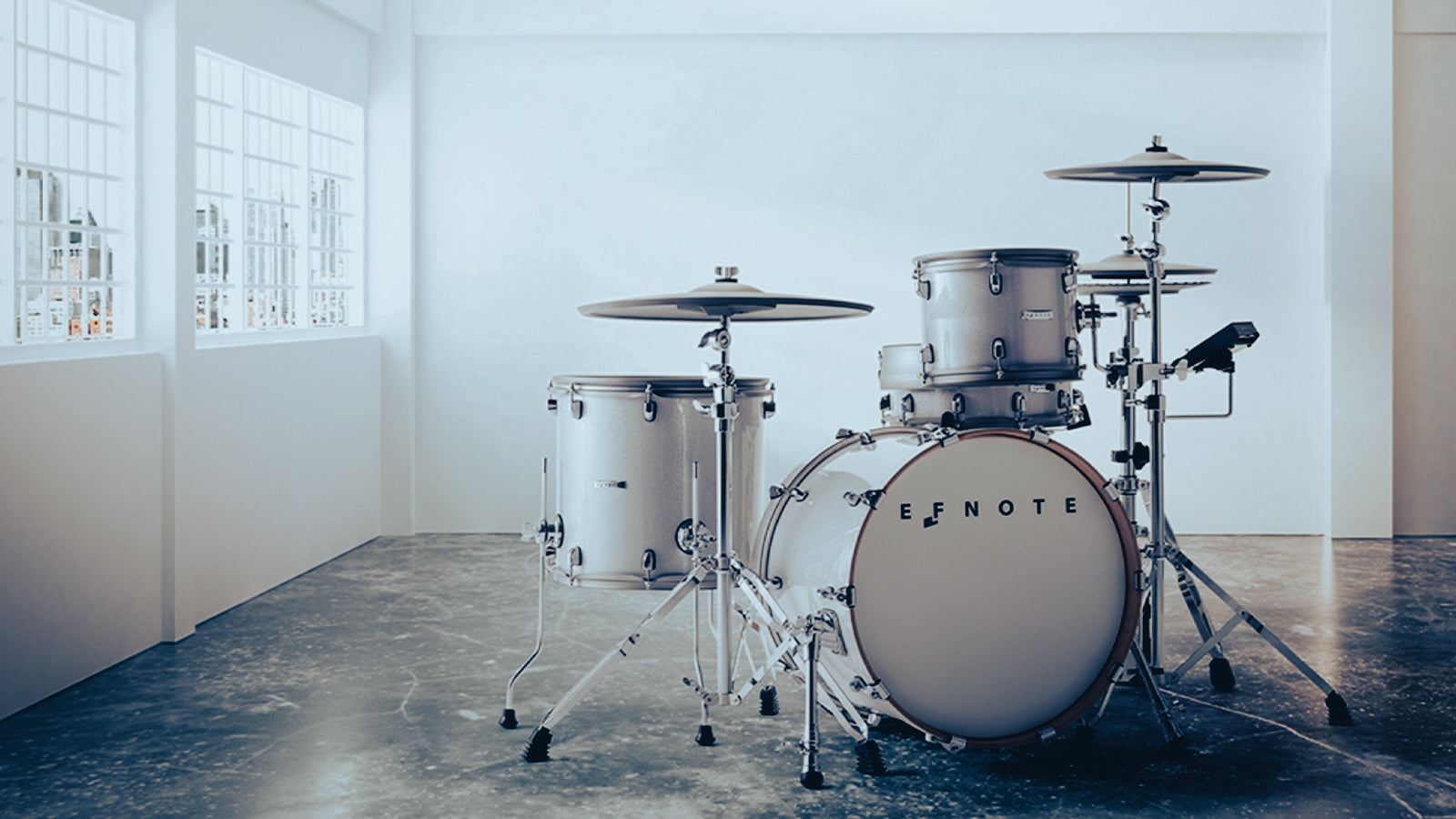 Efnote 7X drumset in a large commercial space