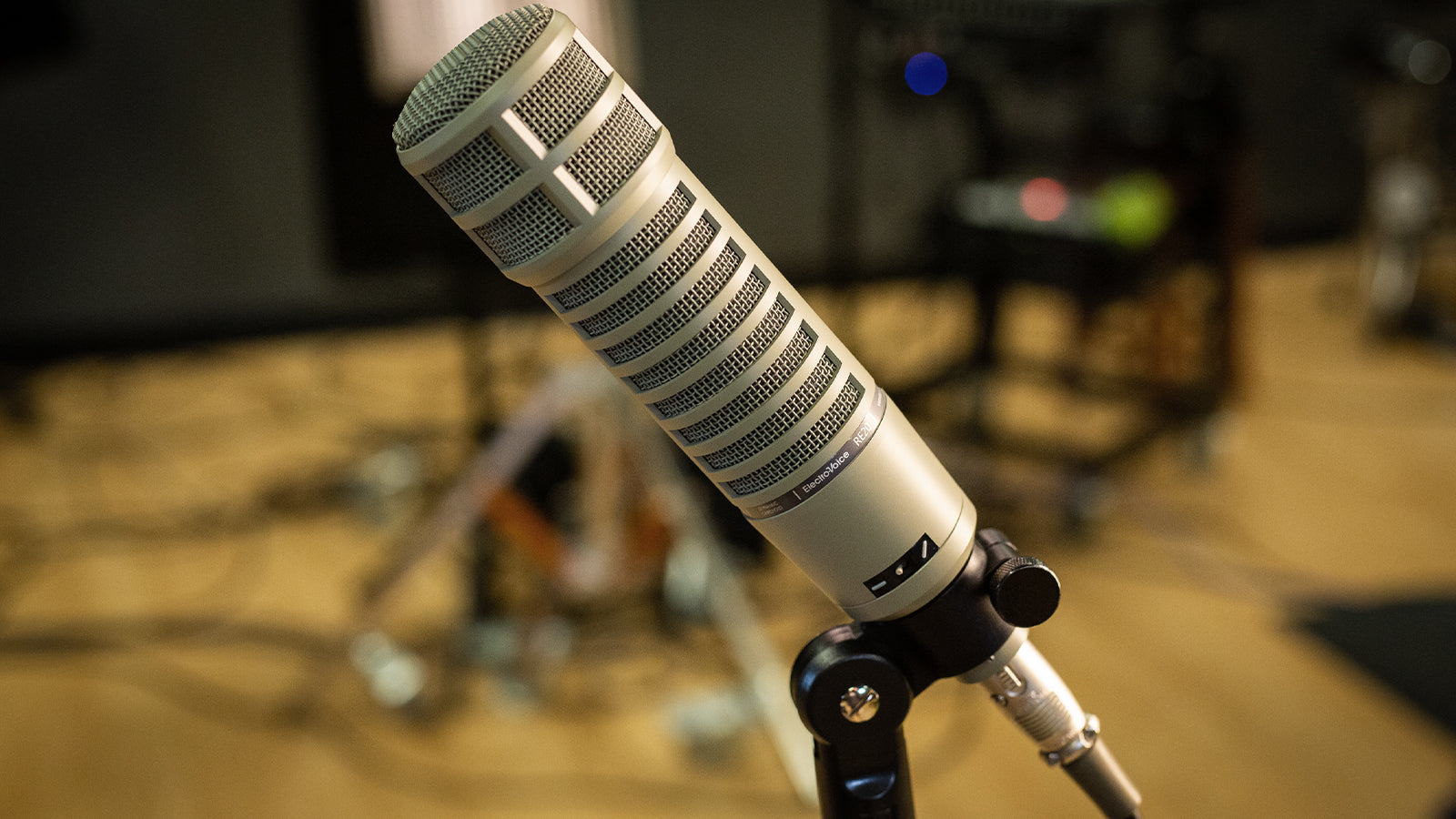 An Electro-Voice microphone on a stand in a studio