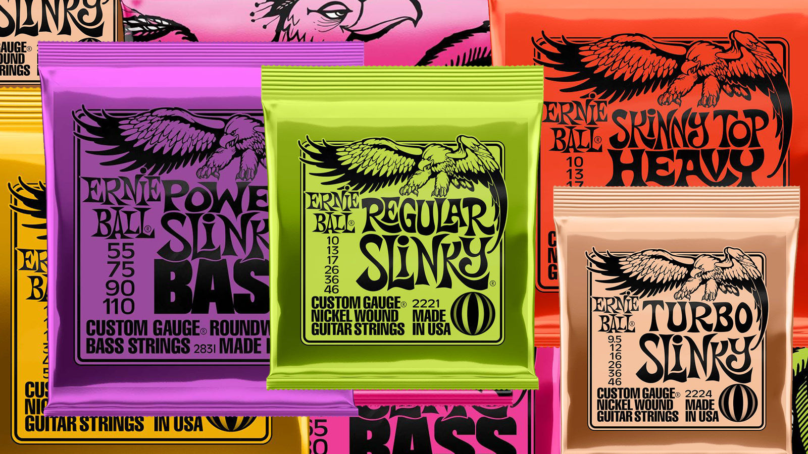 A collage of Ernie Ball string packages