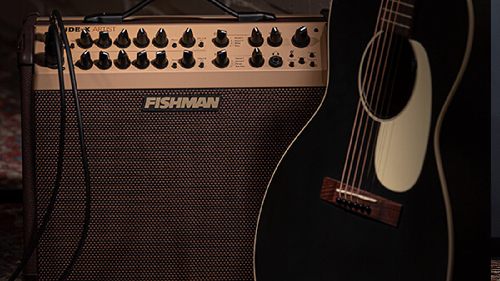 A Fishman amp with a guitar next to it