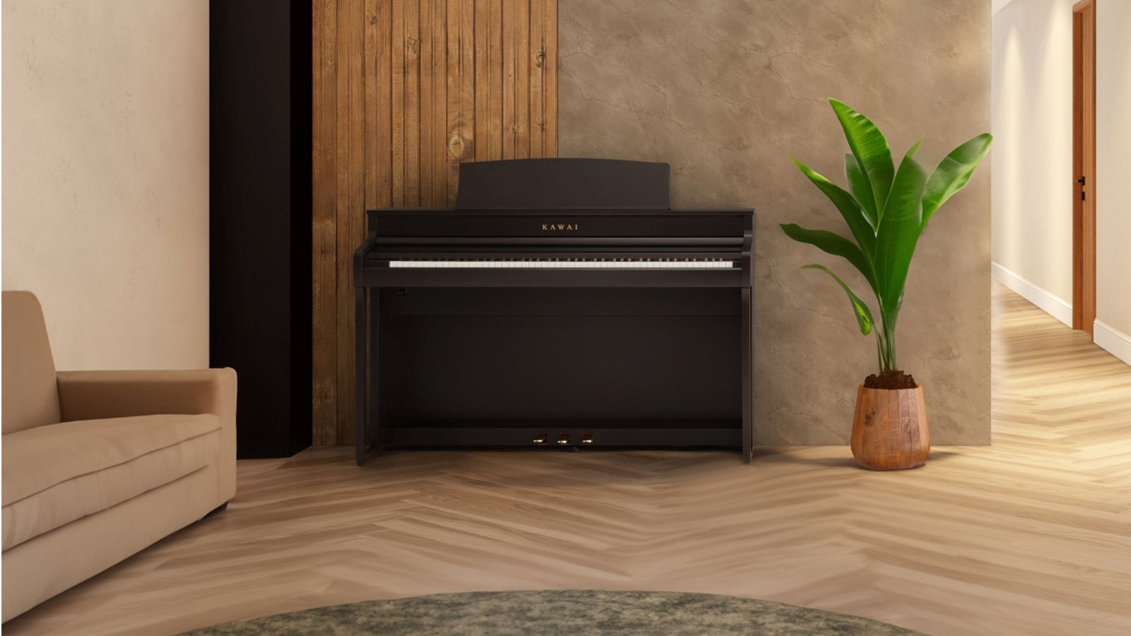 Kawai CA digital piano in a stylish living space