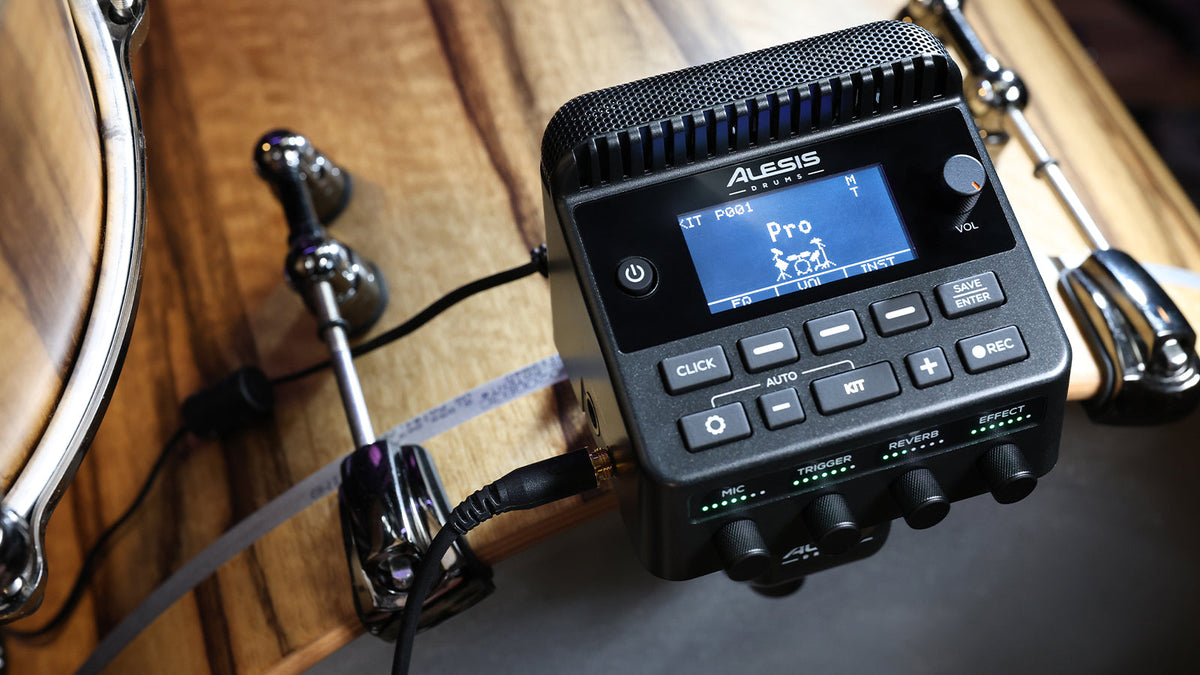 Alesis Kitstream, an acoustic drum recording, streaming, and content creation system mounted on a drum.