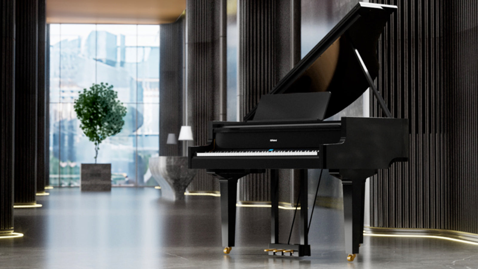 A Roland grand piano in a lobby