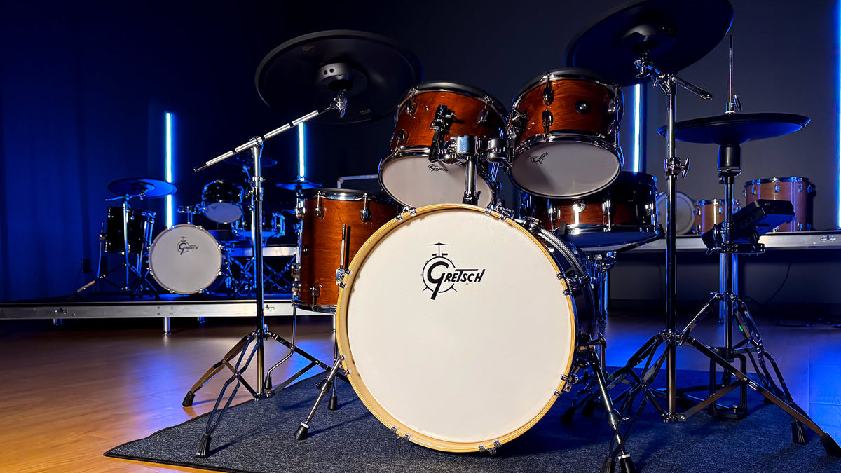A couple of Gretsch Drums Catalina EVO electronic drum sets in a studio