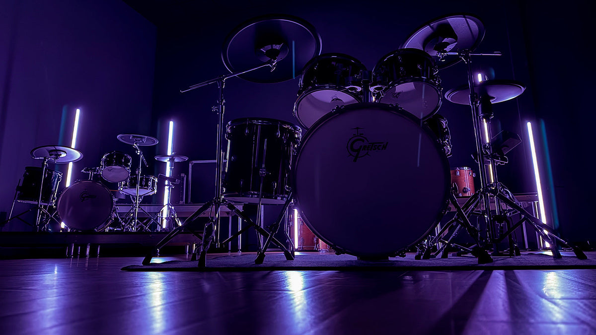 A couple of Gretsch electronic drum sets in a studio