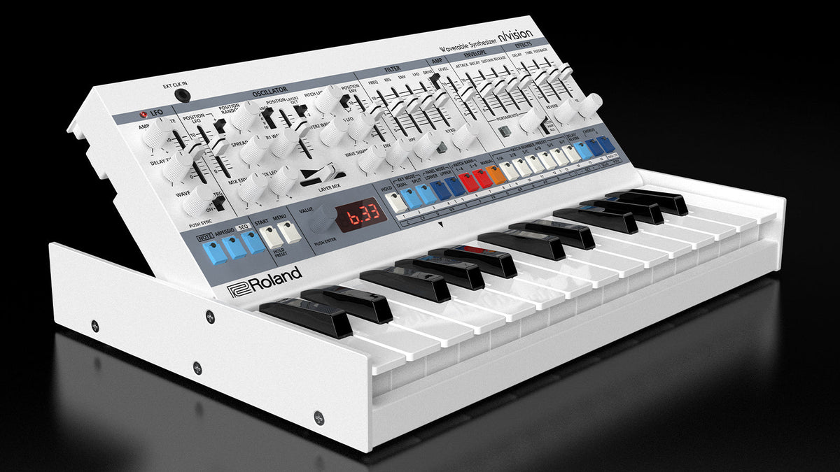 A Roland N/Vision Boutique synth on a dark shinny surface