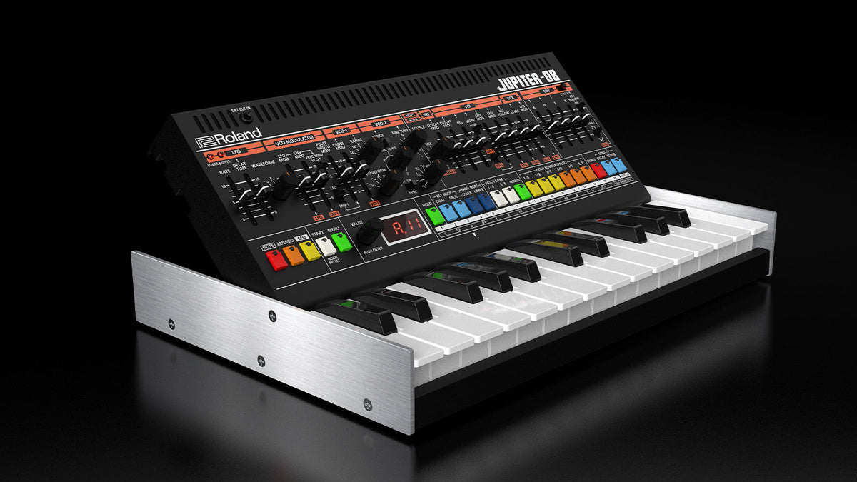 A Roland Jupiter-08 on a dark background