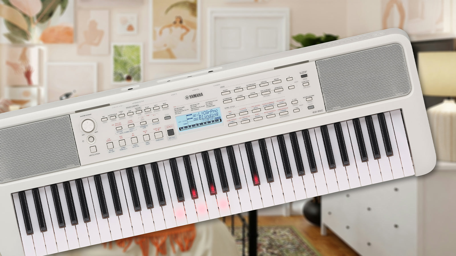 A Yamaha EZ-310 with a dorm room in the background