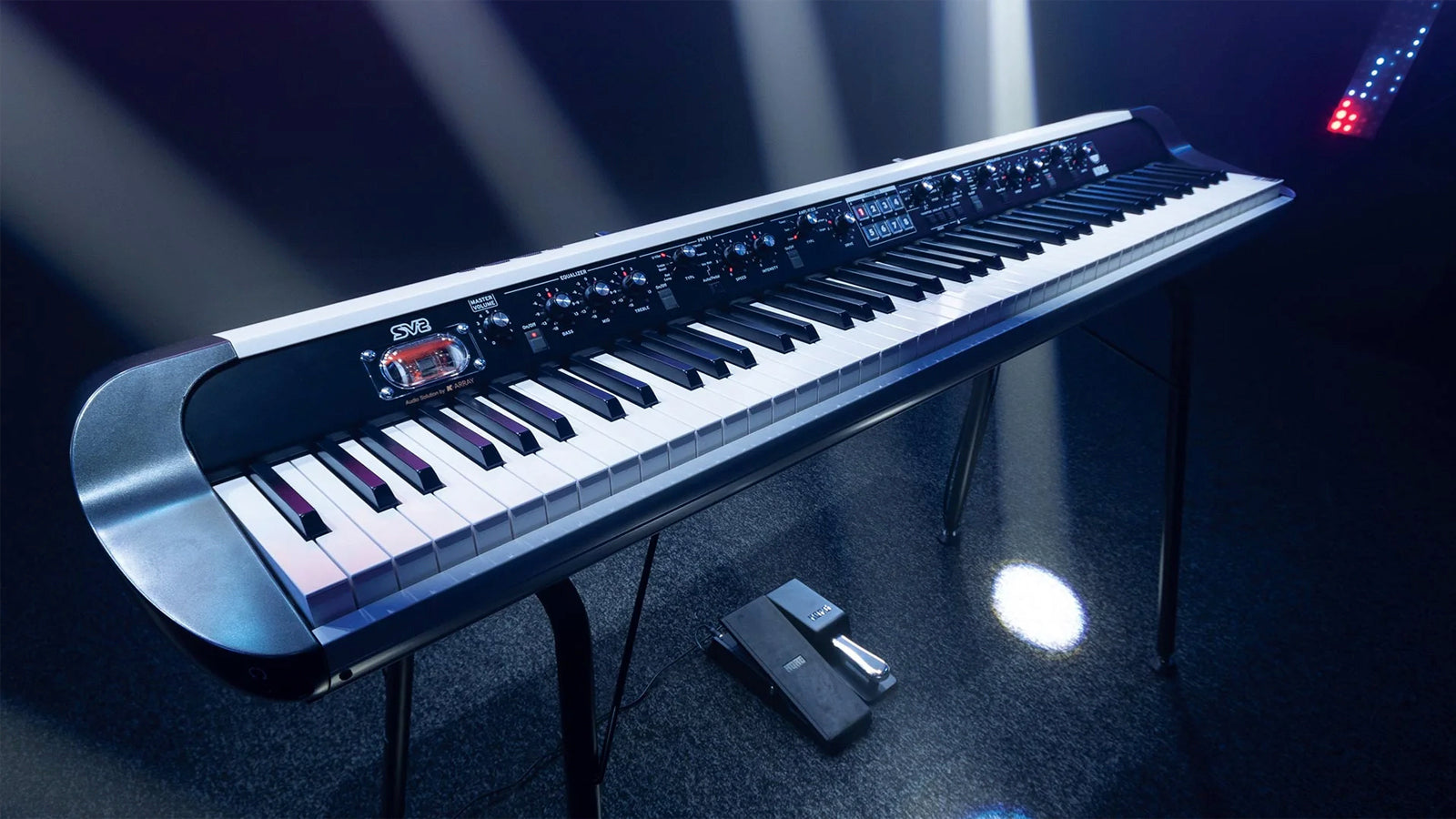 SV-2 stage piano angled view with stage lighting