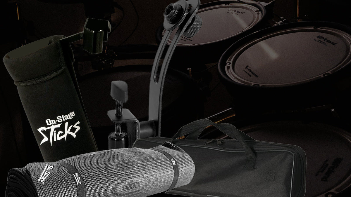 On-Stage Drum Accessories on a drum set background