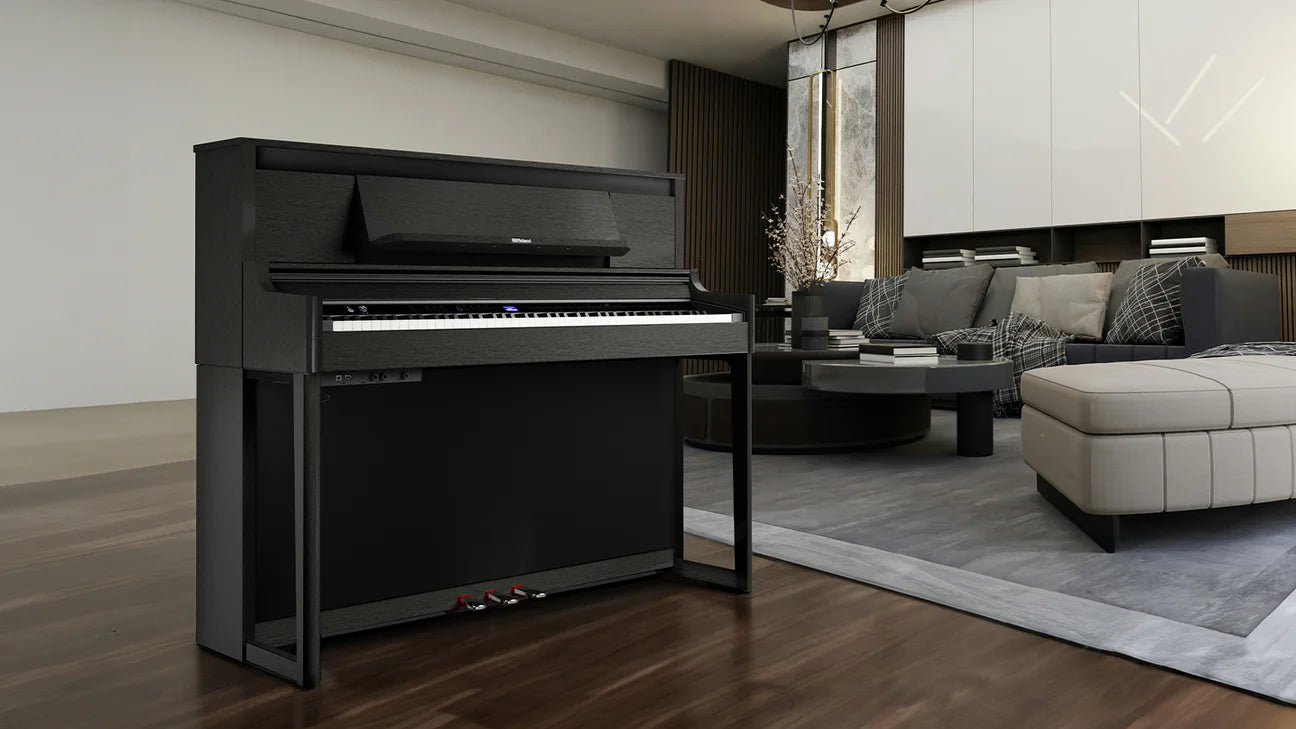 A Roland digital piano in a modern stylish lobby