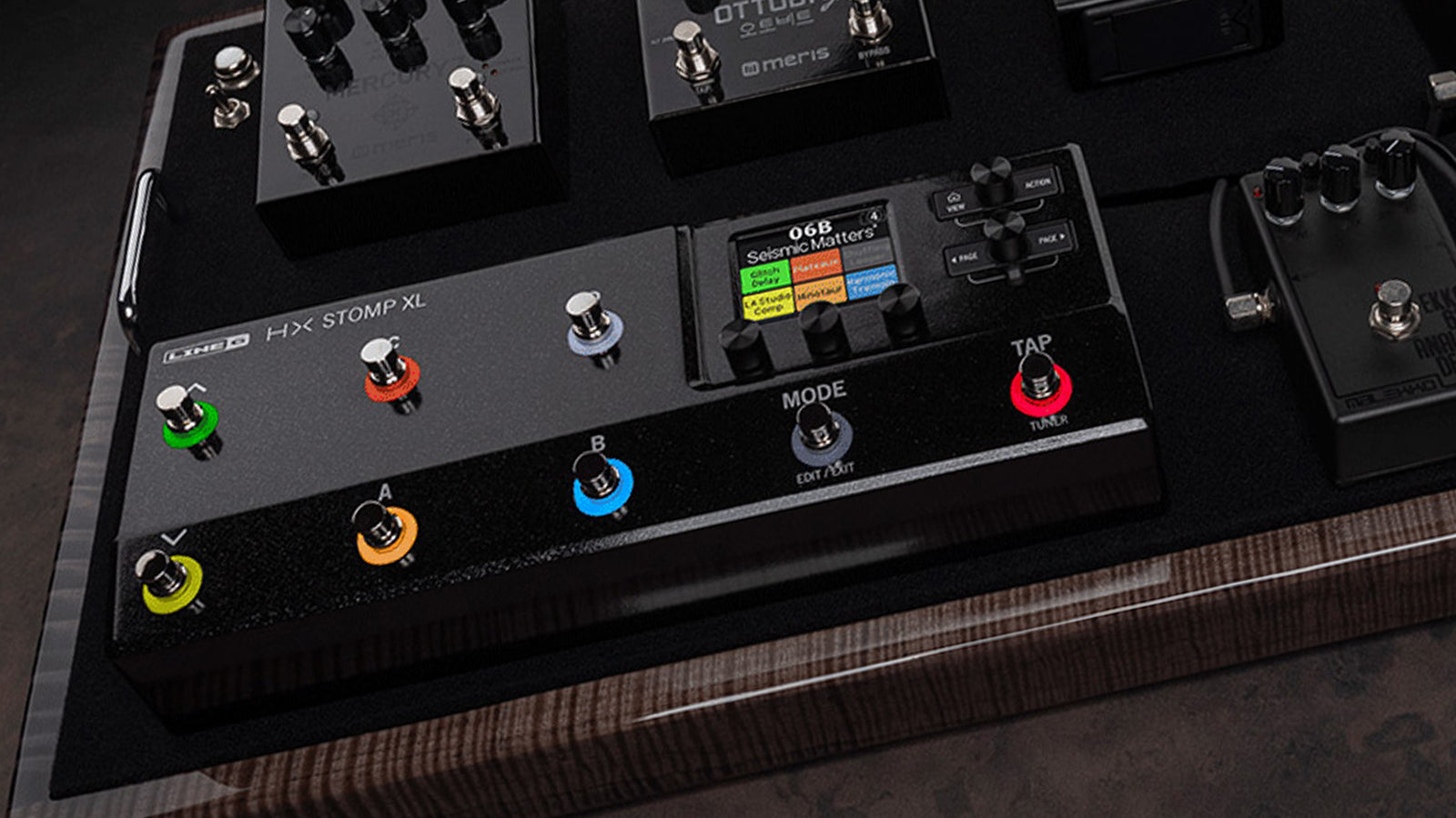 a Line 6 pedal on a pedalboard 