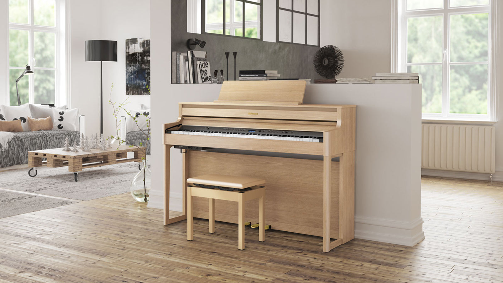 A Roland HP702 digital piano in a stylish living space
