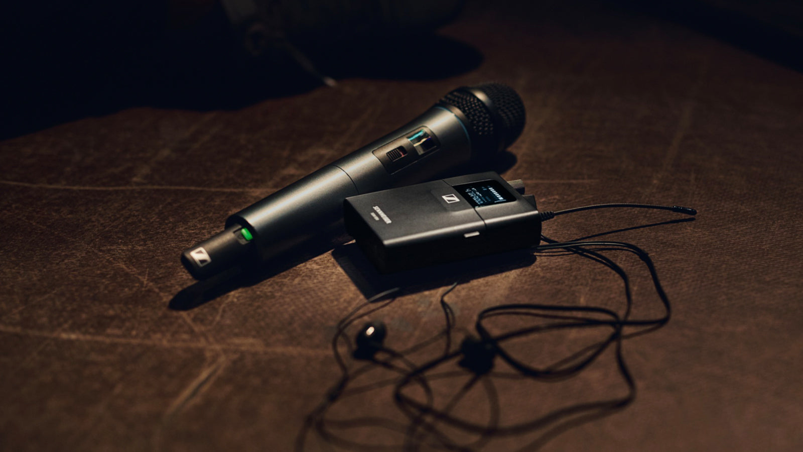 A Sennheiser mic on the floor on a stage