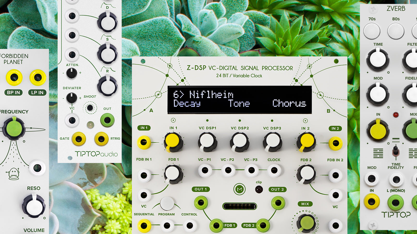 Some TipTop Audio modules on a background of succulent plants 