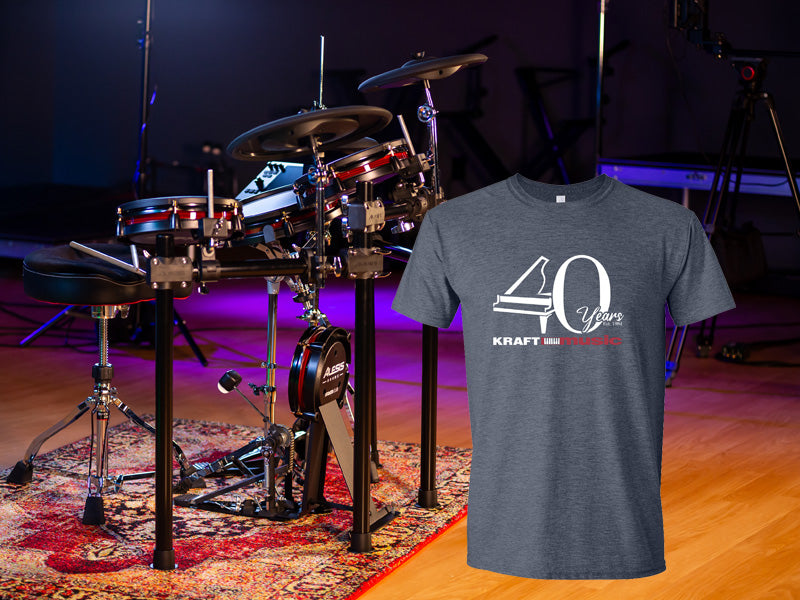 Image of electric kit with Kraft Music 40th anniversary shirt.