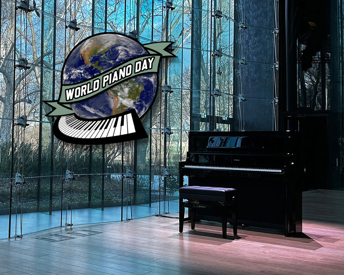 Roland LX9PE with "World Piano Day" logo