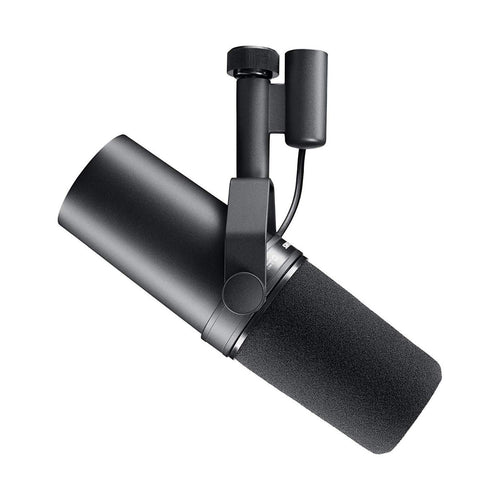 Side view of the Shure SM7B Dynamic Vocal Microphone pointing downward