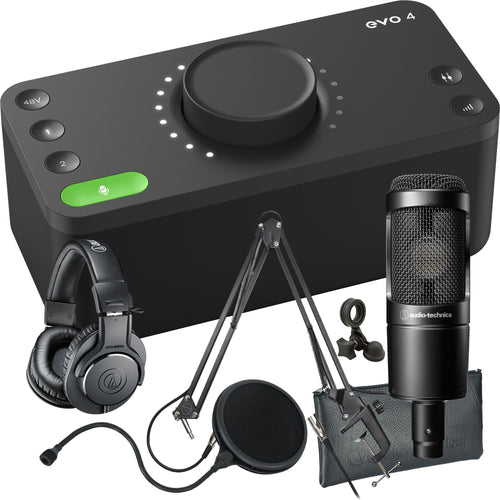Collage showing components in Audient Evo 4 2in/2out USB-C Audio Interface PODCASTING PAK