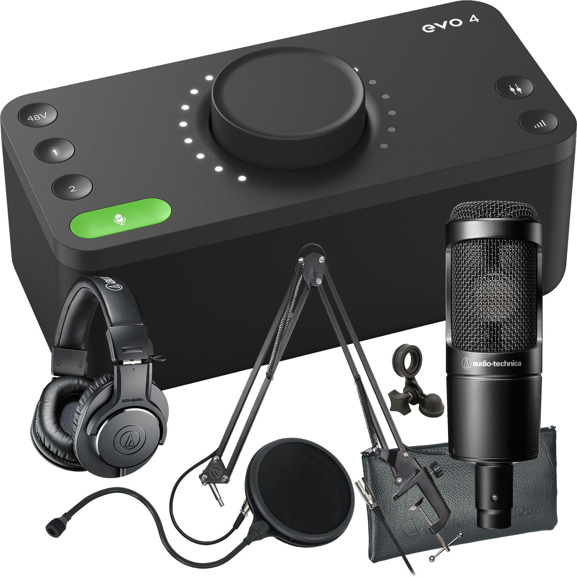 Collage showing components in Audient Evo 4 2in/2out USB-C Audio Interface PODCASTING PAK