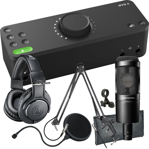Collage showing components in Audient Evo 8 4in/4out USB-C Audio Interface PODCASTING PAK