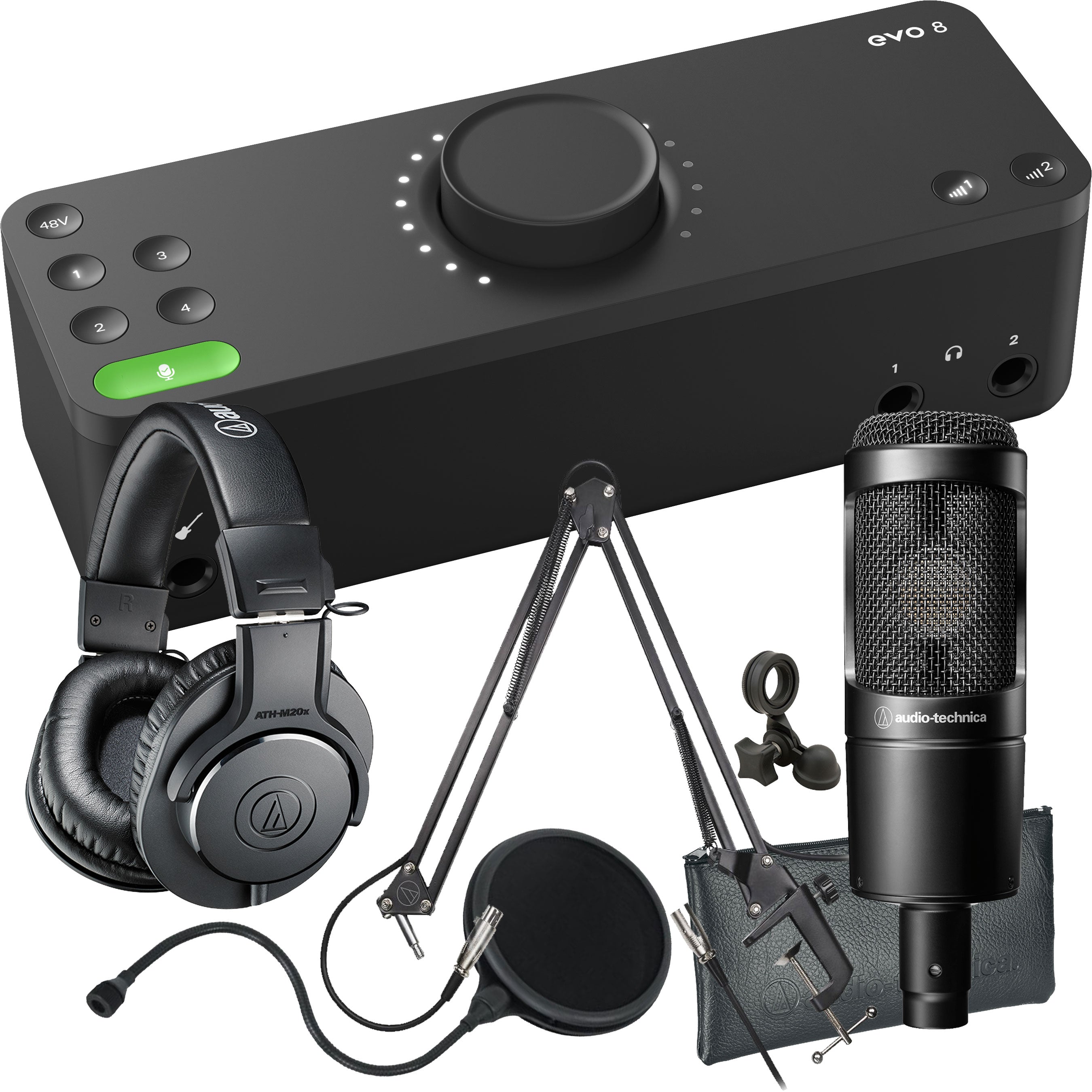 Collage showing components in Audient Evo 8 4in/4out USB-C Audio Interface PODCASTING PAK