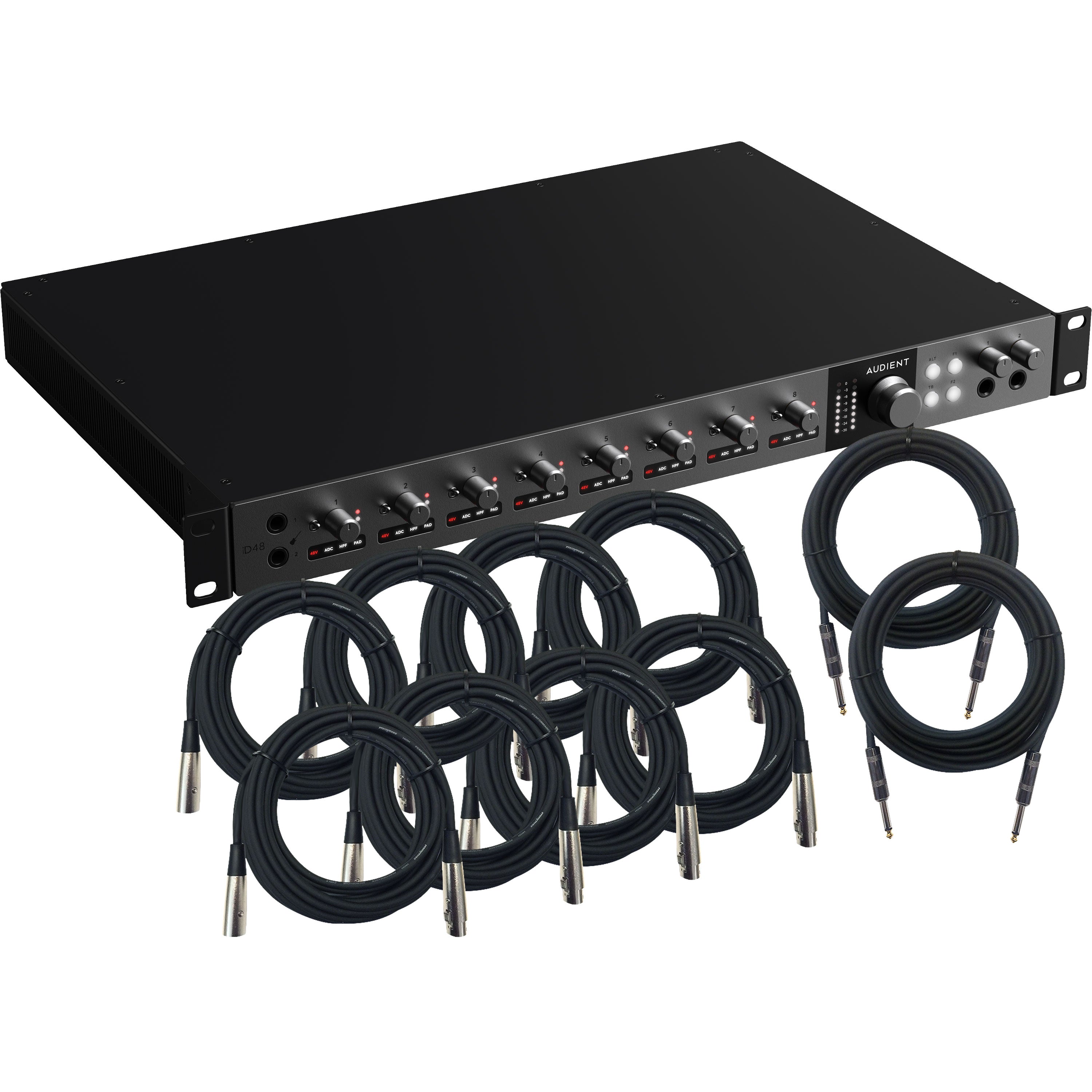 Collage showing components in Audient iD48 24in/32out USB-C Audio Interface CABLE KIT