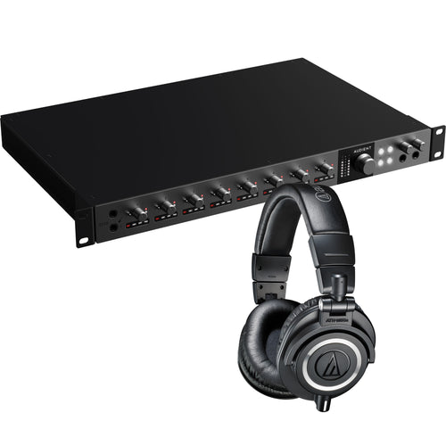 Collage showing components in Audient iD48 24in/32out USB-C Audio Interface STUDIO KIT