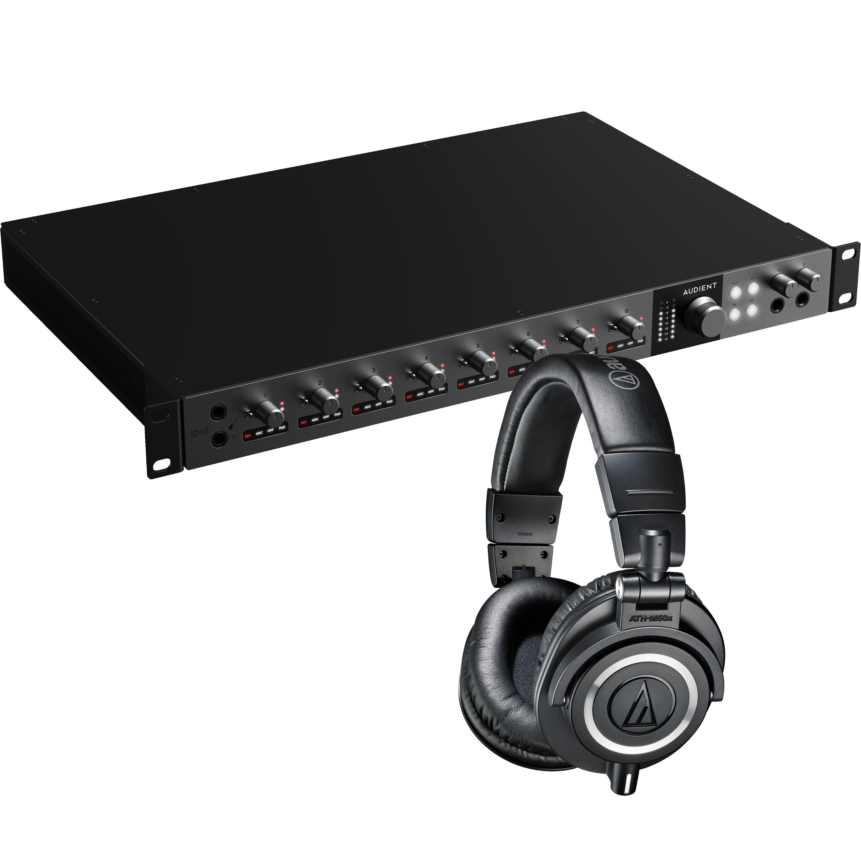 Collage showing components in Audient iD48 24in/32out USB-C Audio Interface STUDIO KIT