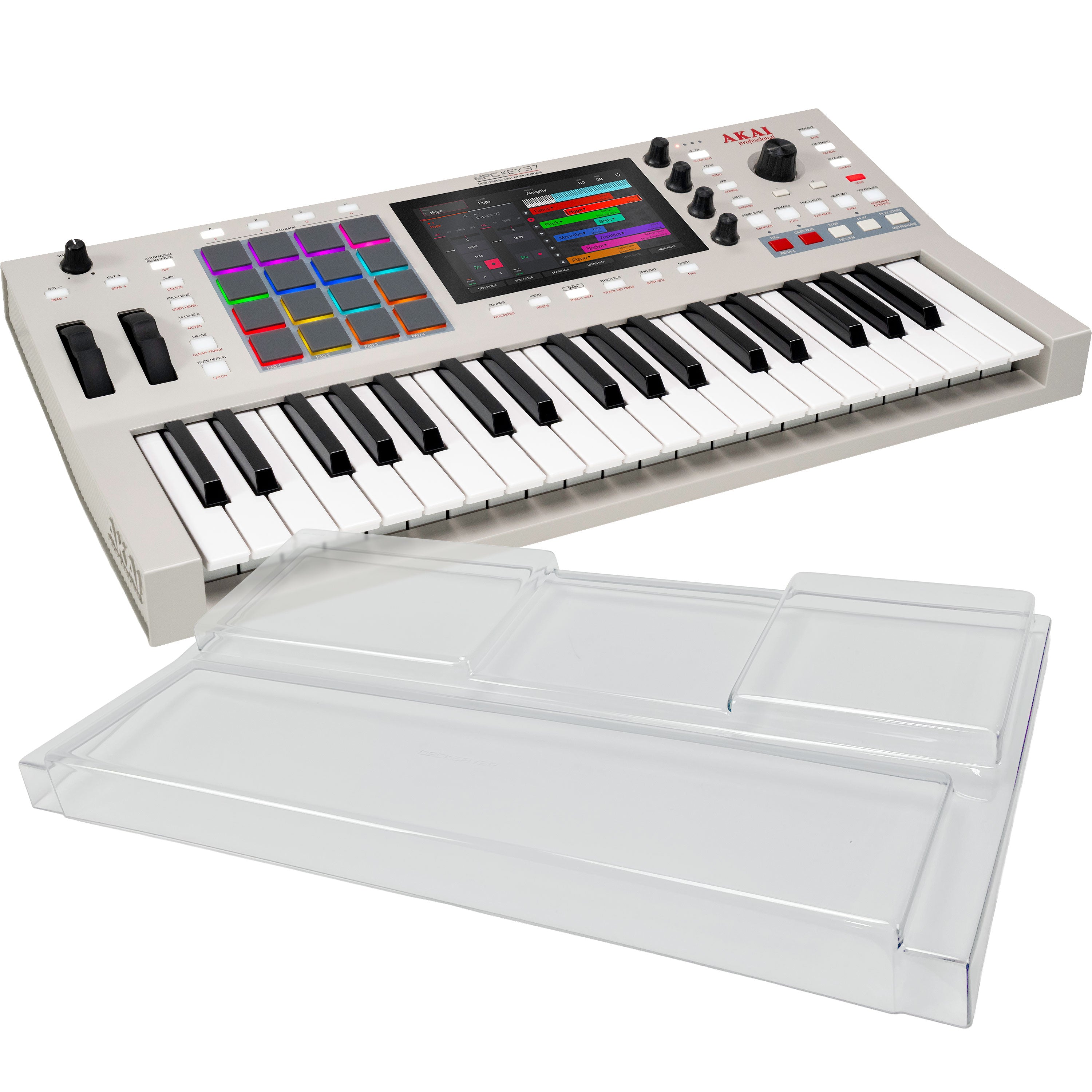 Collage showing components in Akai Professional MPC Key 37 G2 Music Production Center Keyboard DECKSAVER KIT
