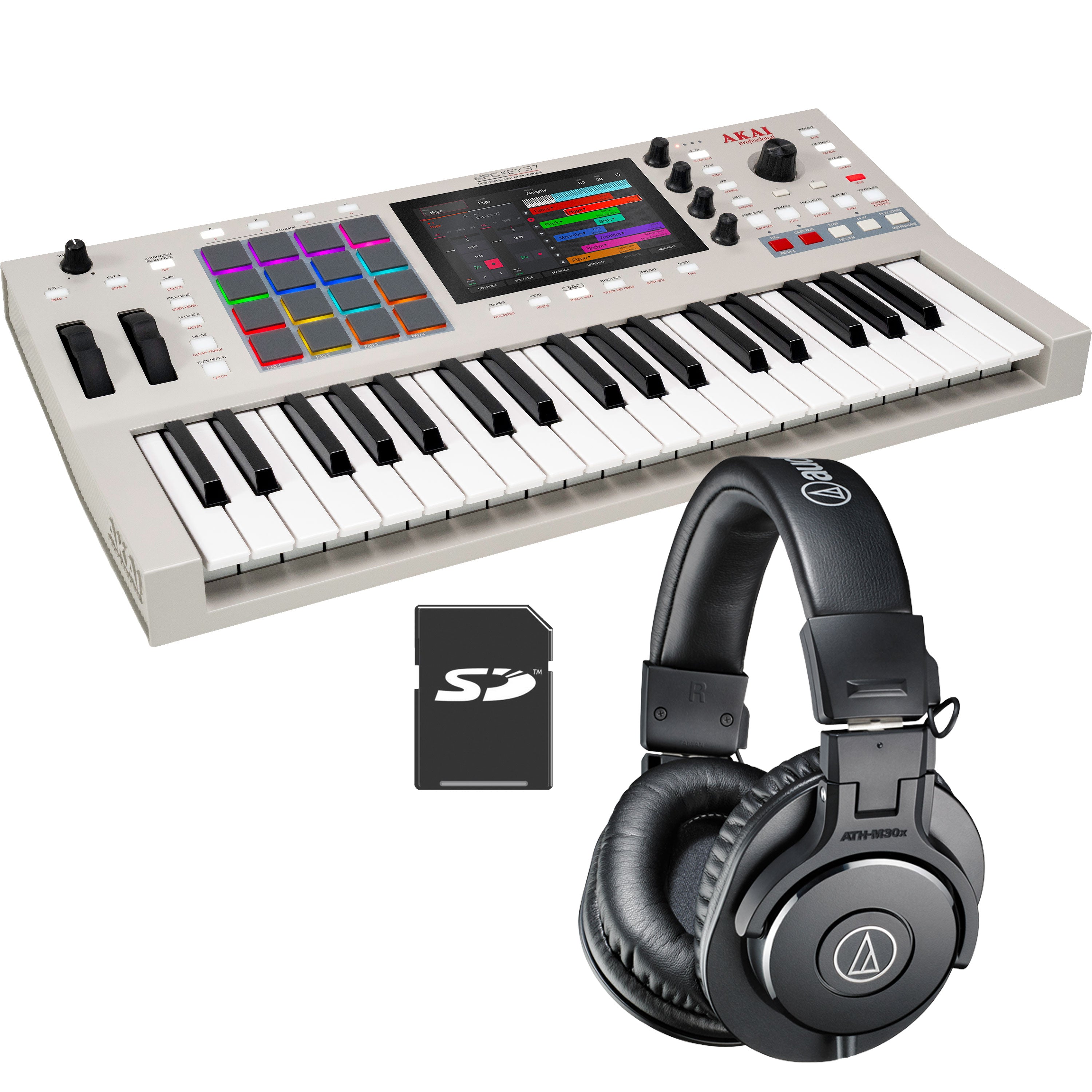 Collage showing components in Akai Professional MPC Key 37 G2 Music Production Center Keyboard STUDIO KIT