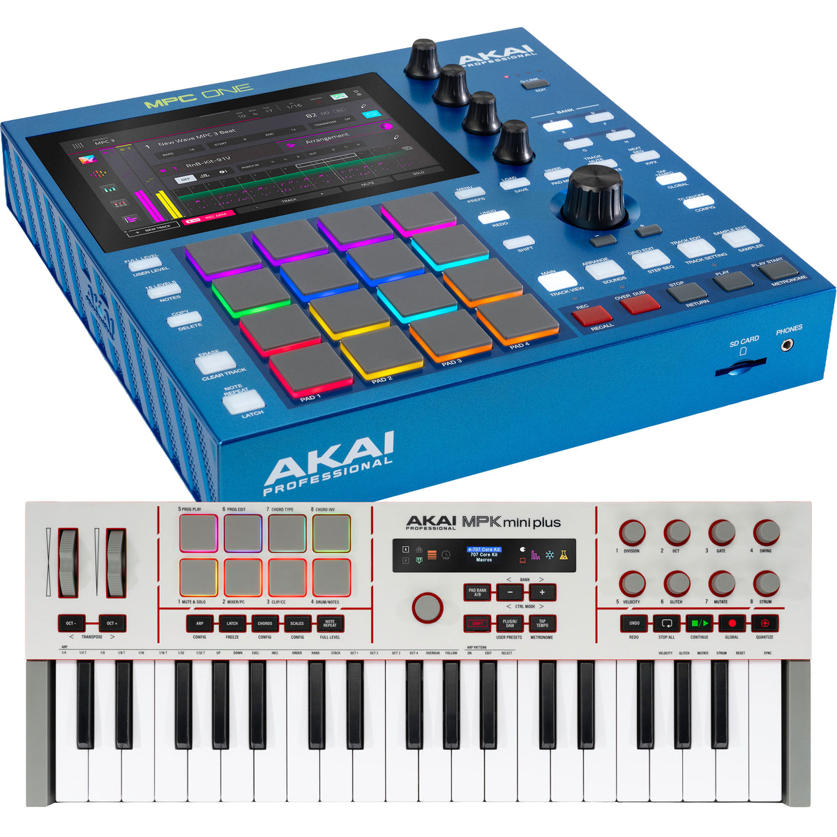 Collage showing components in Akai Professional MPC One G2 Standalone Music Production Center CONTROLLER RIG