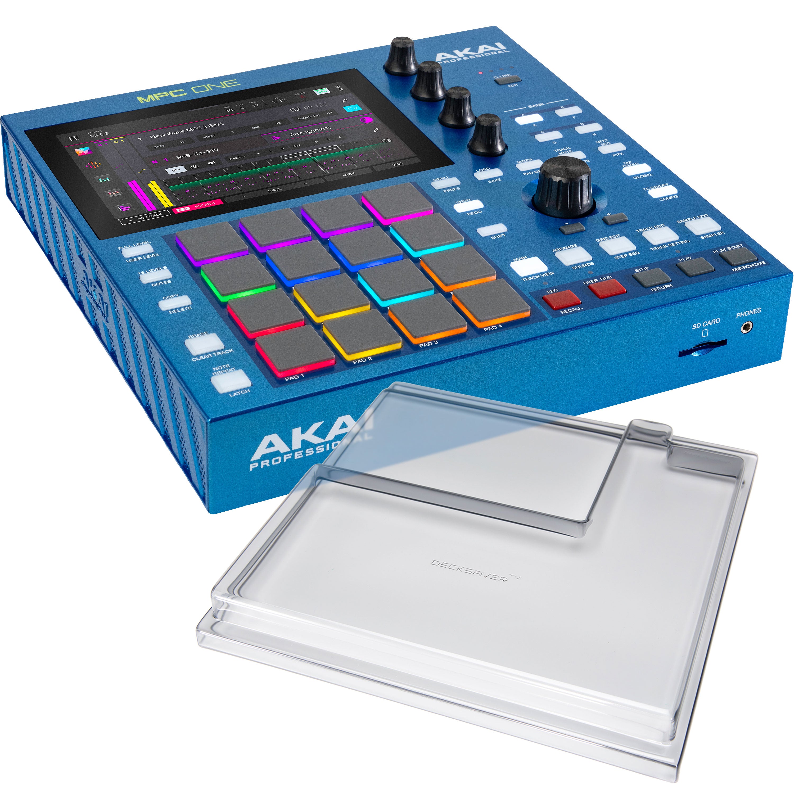 Collage showing components in Akai Professional MPC One G2 Standalone Music Production Center DECKSAVER KIT