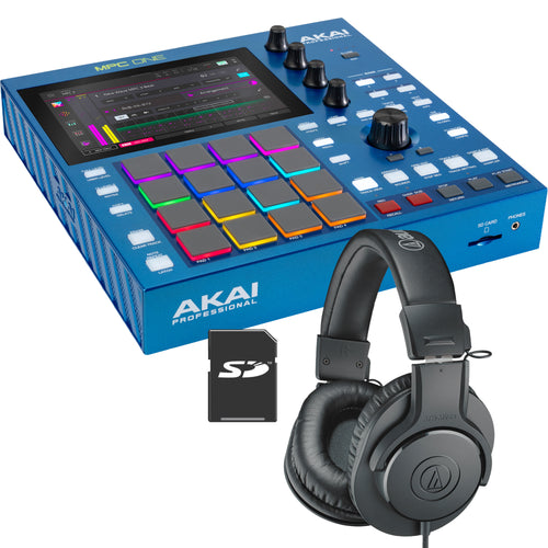 Collage showing components in Akai Professional MPC One G2 Standalone Music Production Center STUDIO KIT